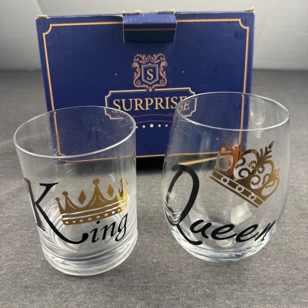 King Queen Crown Stemless‎ Wine Glass Set Couple Gift Surprise Box